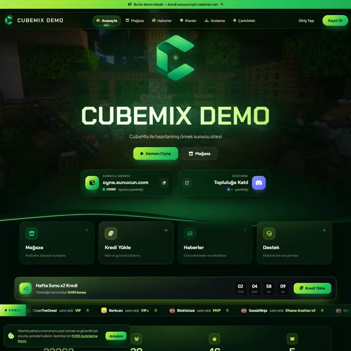 CubeMix Orman temasıyla Minecraft sunucu sitesi ana sayfası