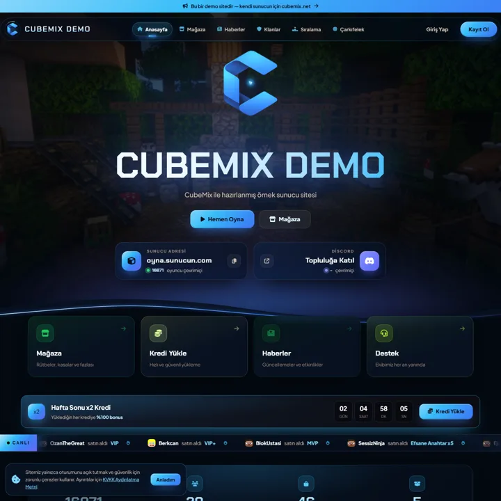 CubeMix Buzul temasıyla Minecraft sunucu sitesi ana sayfası