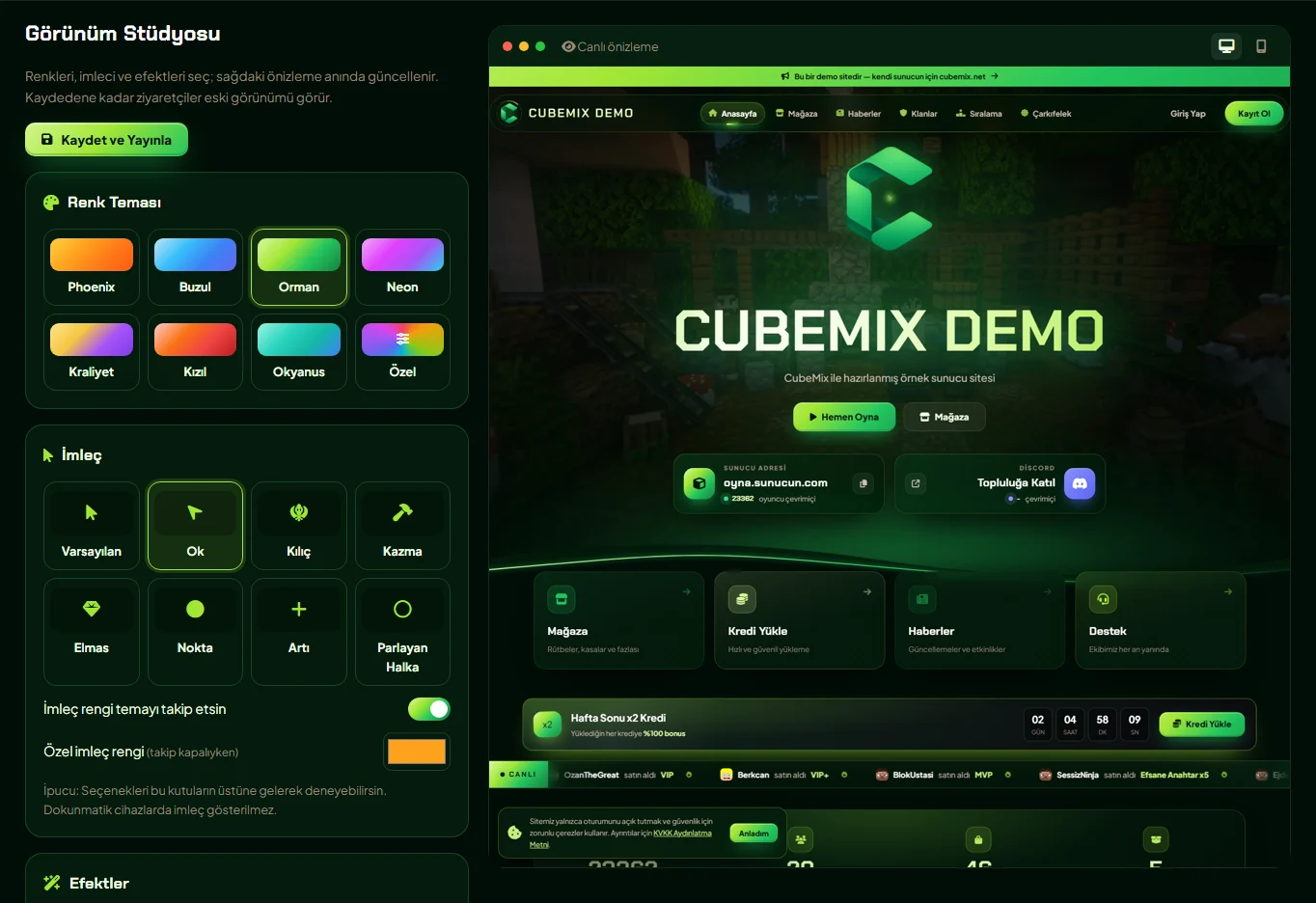 CubeMix Görünüm Stüdyosu ekranı: sol tarafta tema ve imleç seçimi, sağda canlı site önizlemesi